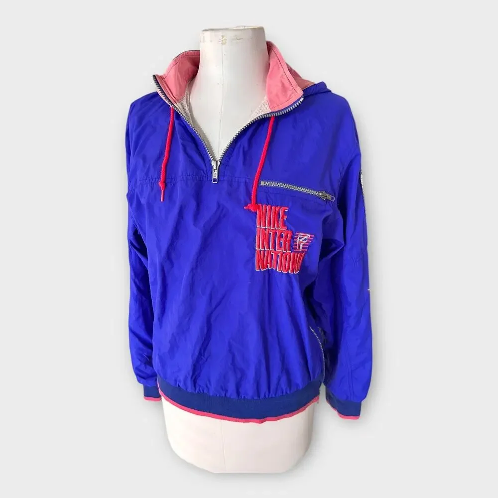 Vintage 90s Nike International Half-Zip Windbreaker Jacket Blue Pink Size M
